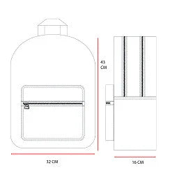 Desenho técnico de mochila infantil com bolso frontal, alças duplas e dimensões de 41x32x16 cm.