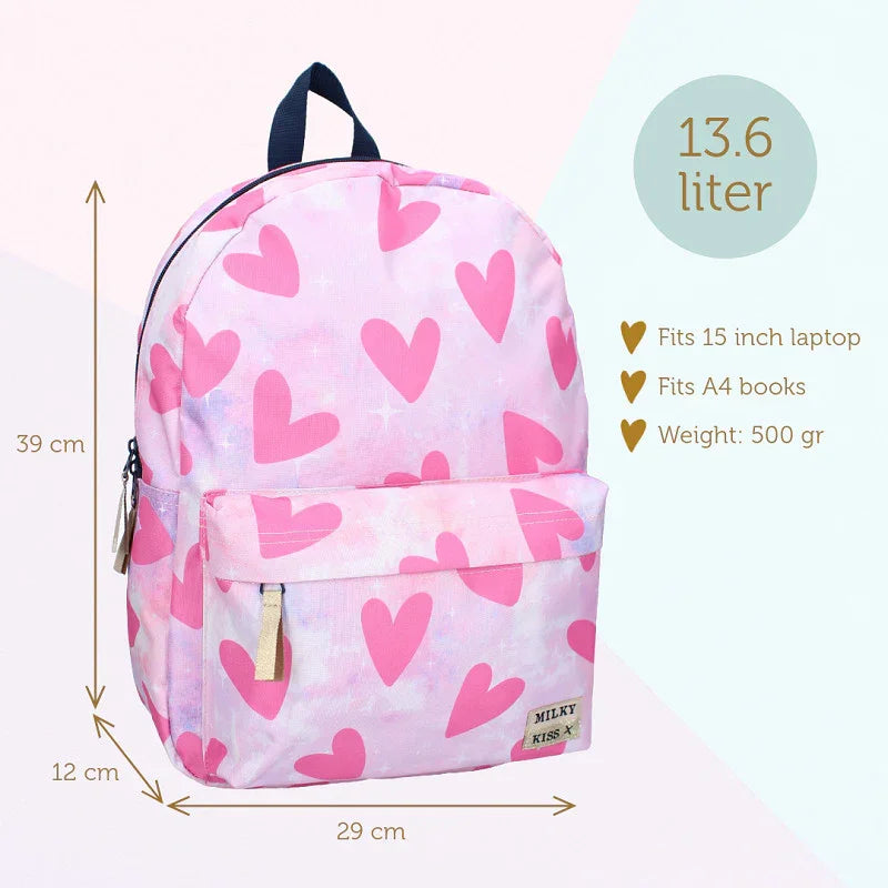 Mochila infantil rosa com corações, 39x29x12 cm, ideal para livros e laptop até 15 polegadas.