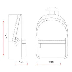 Desenho técnico de mochila infantil com medidas 31x22x8 cm, bolso frontal e alças ajustáveis.
