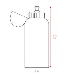 Desenho técnico de garrafa infantil com tampa aberta, 19 cm de altura e 7 cm de largura.