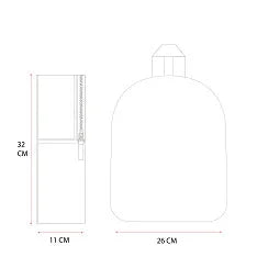 Desenho técnico de mochila infantil, medidas 32x26x11 cm, vista frontal e lateral.