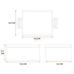Desenho técnico de caixa organizadora infantil com medidas 16,5 x 12,7 cm, em três vistas.