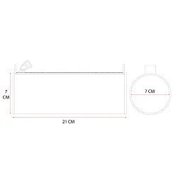 Desenho técnico de estojo infantil com formato retangular, medidas 21 cm x 7 cm.