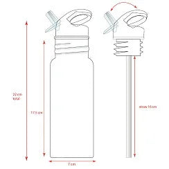 Desenho técnico de garrafa infantil com medidas, tampa basculante e canudo de 16 cm.