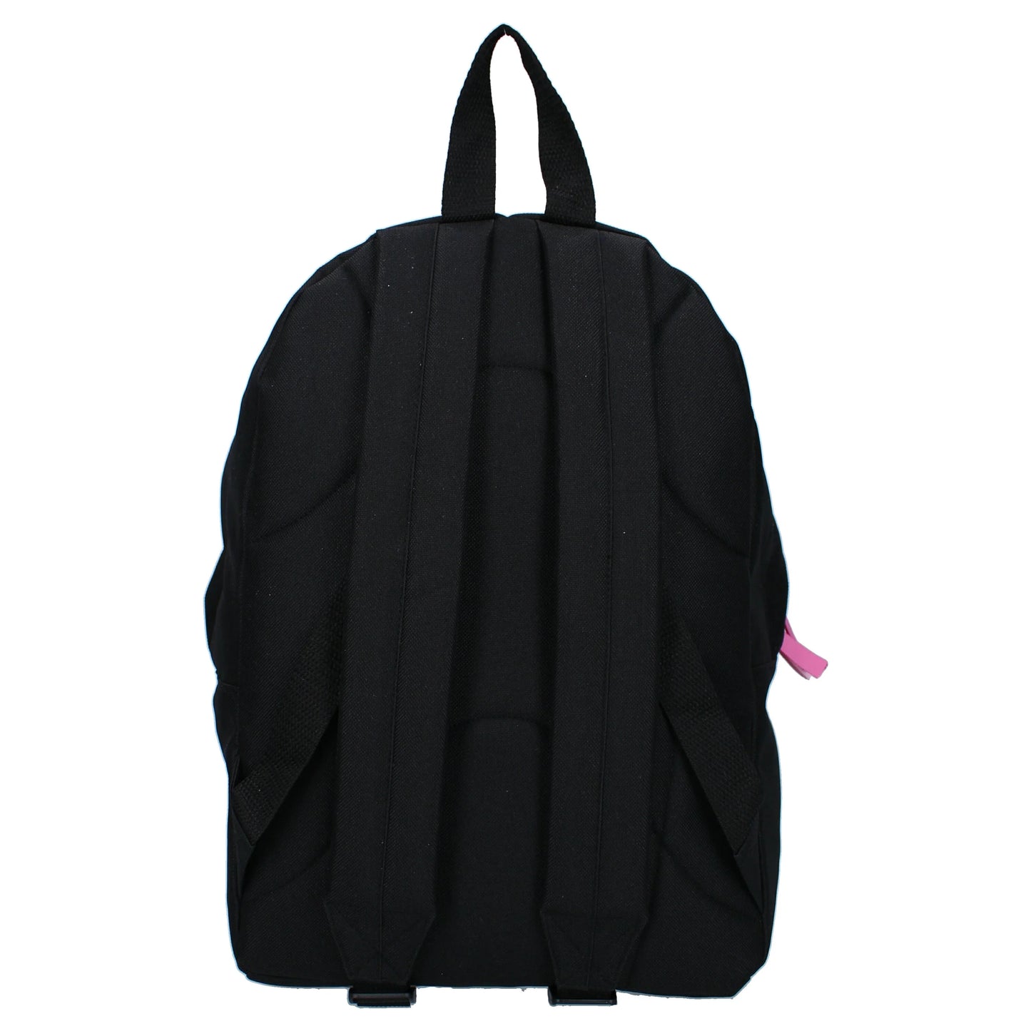 Mochila infantil preta vista de costas, com alças ajustáveis e detalhe rosa na lateral.
