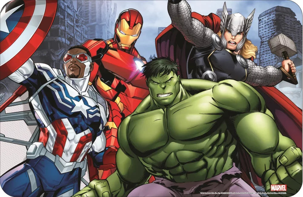 Imagem dos Vingadores com Hulk, Thor, Capitão América e Homem de Ferro em estilo infantil.
