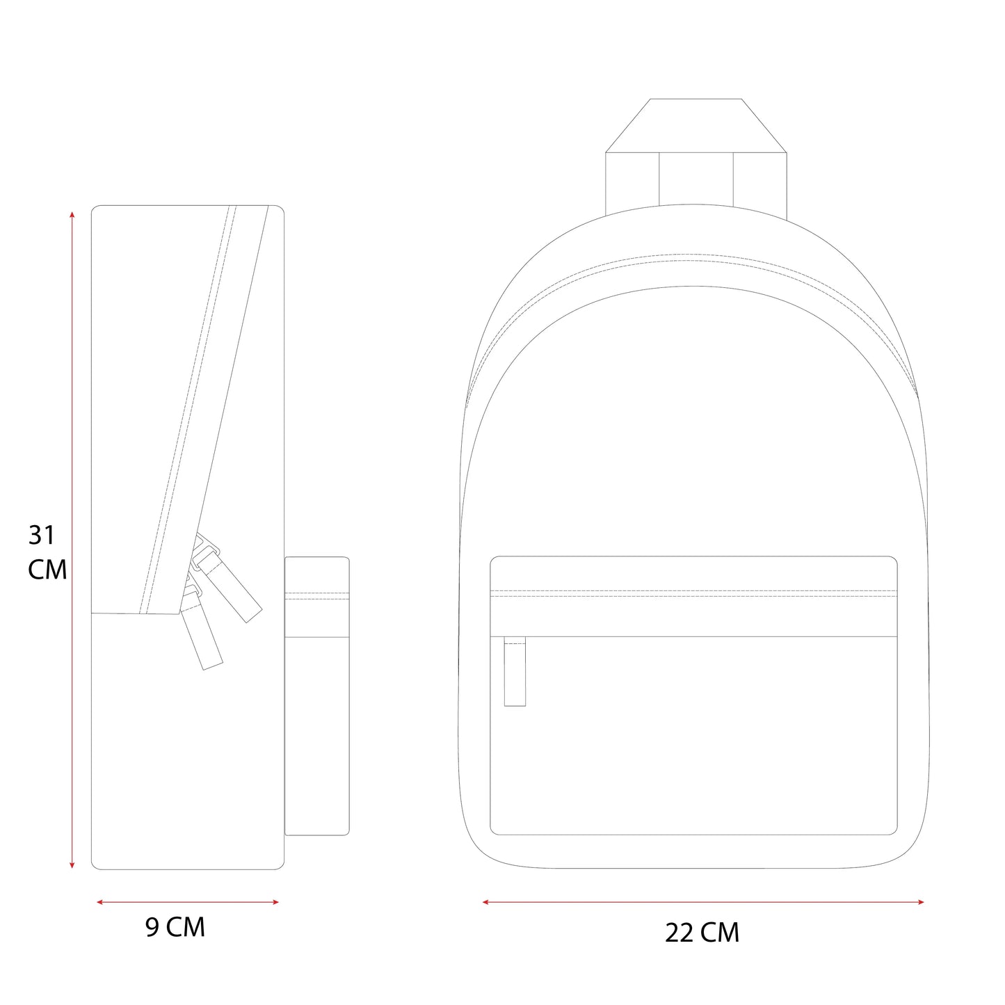 Desenho técnico de mochila infantil, com dimensões 31x22x9 cm, vista frontal e lateral.