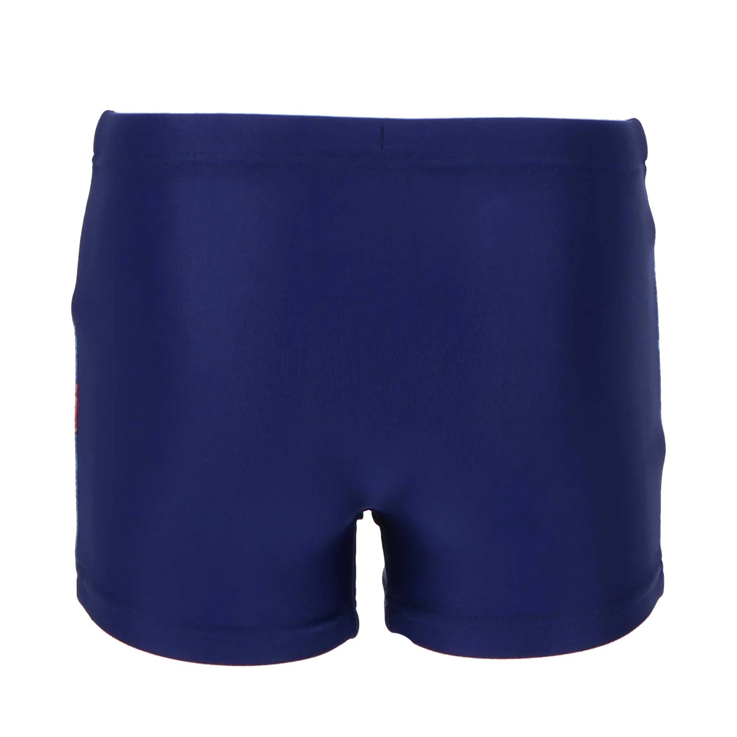 Calção de banho infantil azul marinho, modelo boxer, tecido liso, visto por trás.