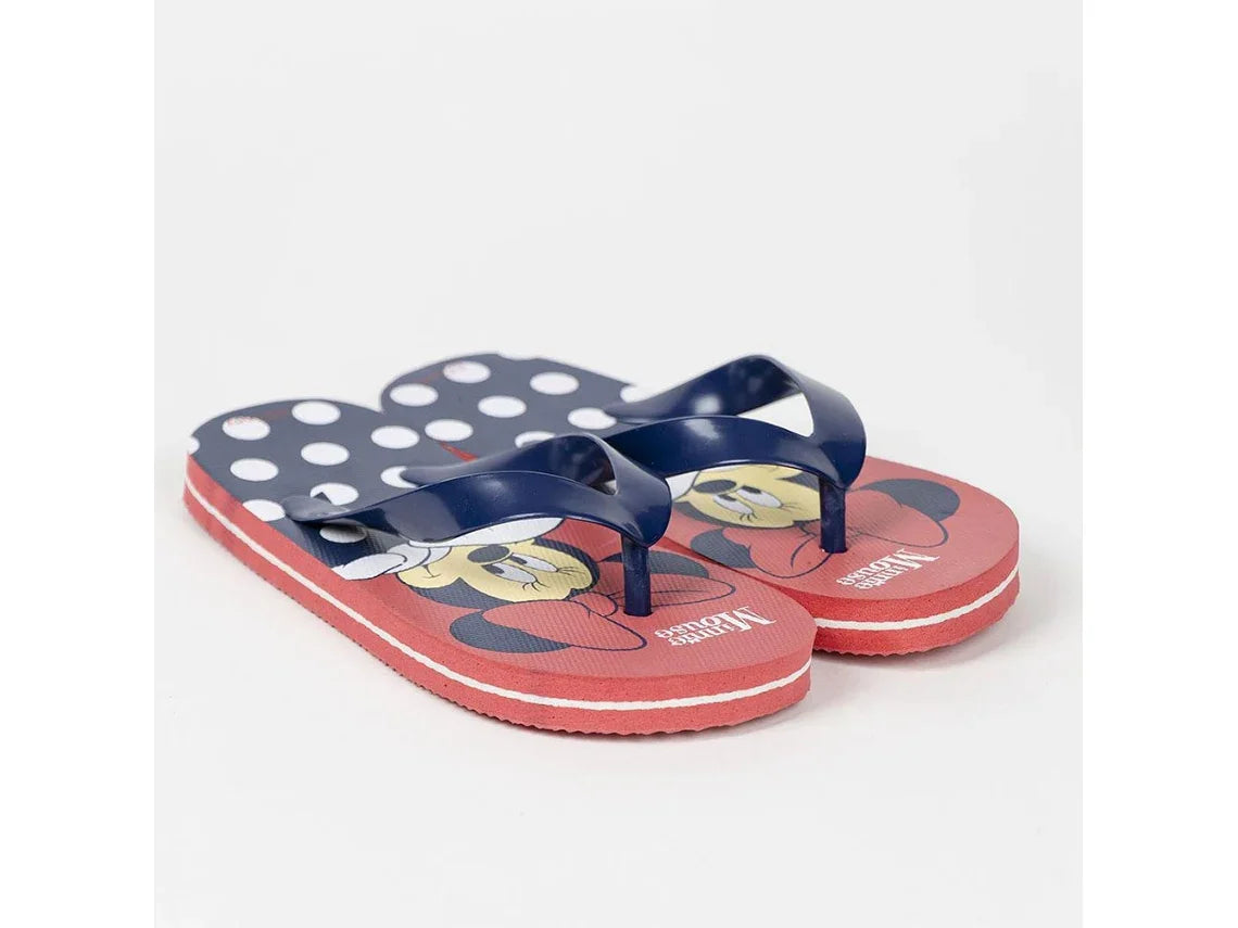 Chinelo infantil estampado da Minnie Mouse, azul com bolinhas brancas e tiras azul-escuras.
