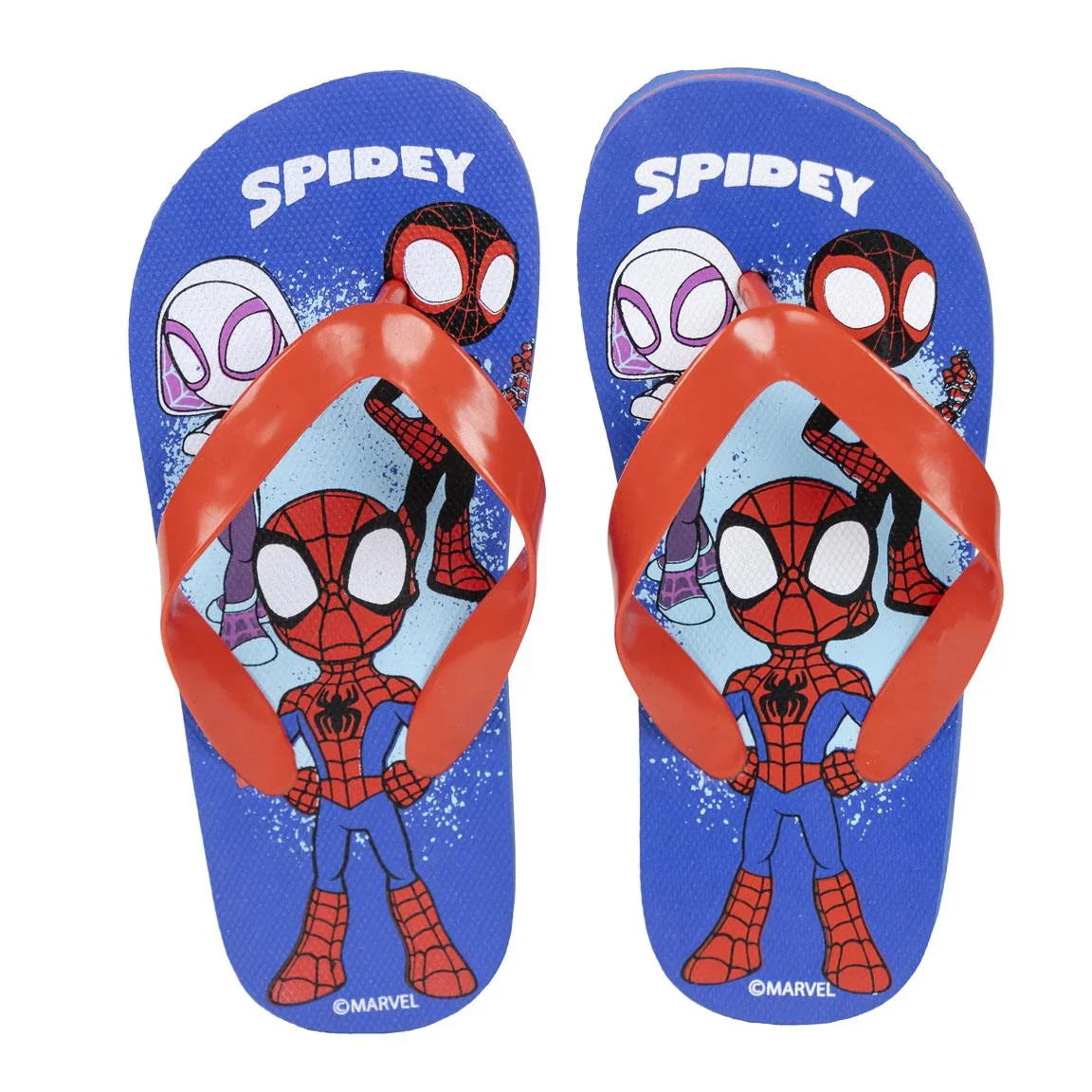 Chinelo infantil azul com tiras vermelhas, estampado com personagens do Homem-Aranha.