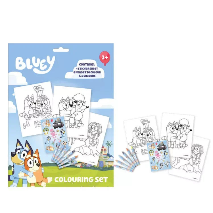 Conjunto para colorir Bluey com desenhos, adesivos e lápis de cor infantil.