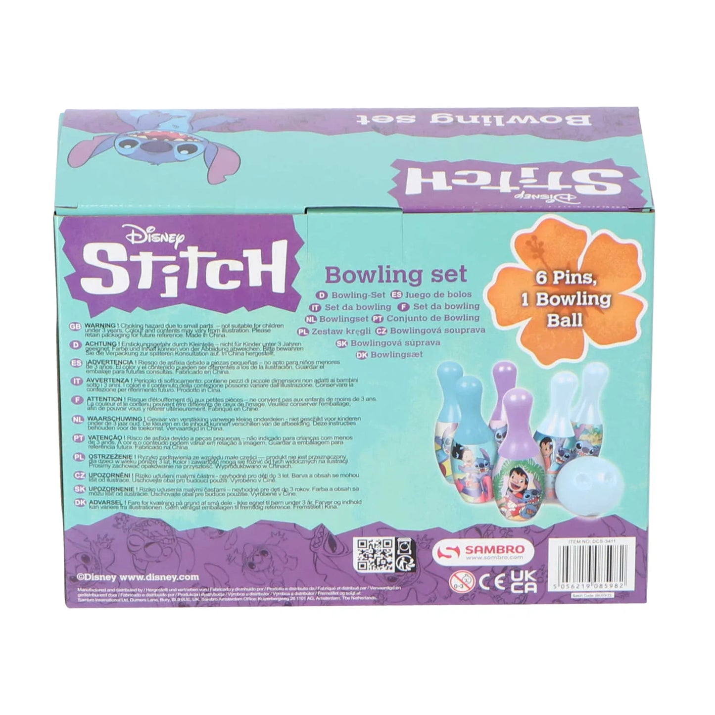 Conjunto de bowling infantil Disney Stitch com 6 pinos e 1 bola, embalagem colorida.