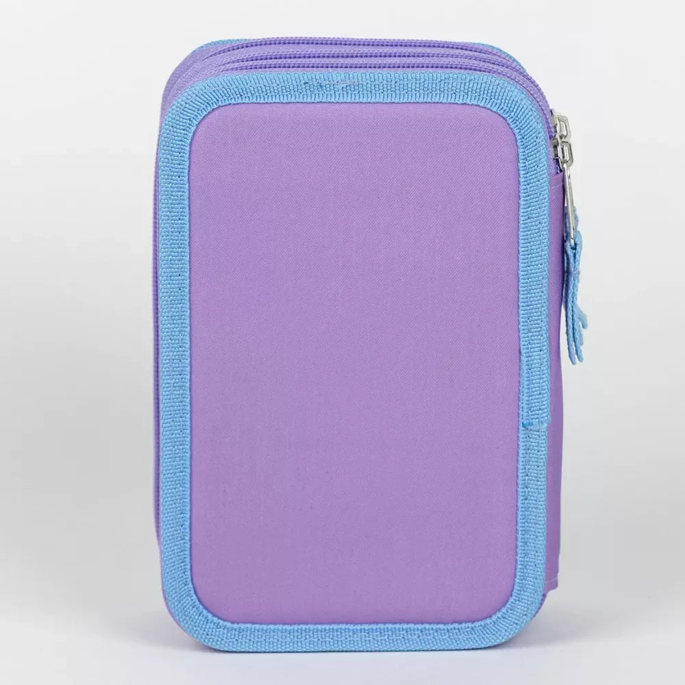 Estojo escolar triplo roxo com borda azul, produto infantil para organização de materiais