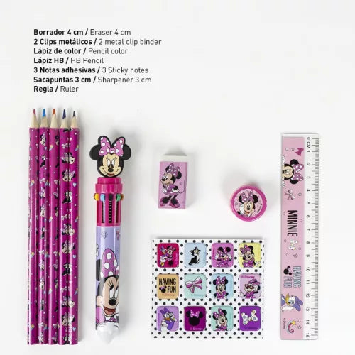Conjunto Escolar Minnie com estojo transparente