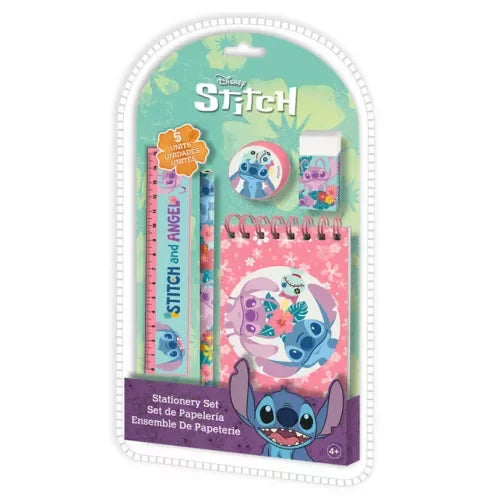 Conjunto escolar infantil Stitch com 5 peças: lápis, régua, apontador, borracha e bloco de notas.