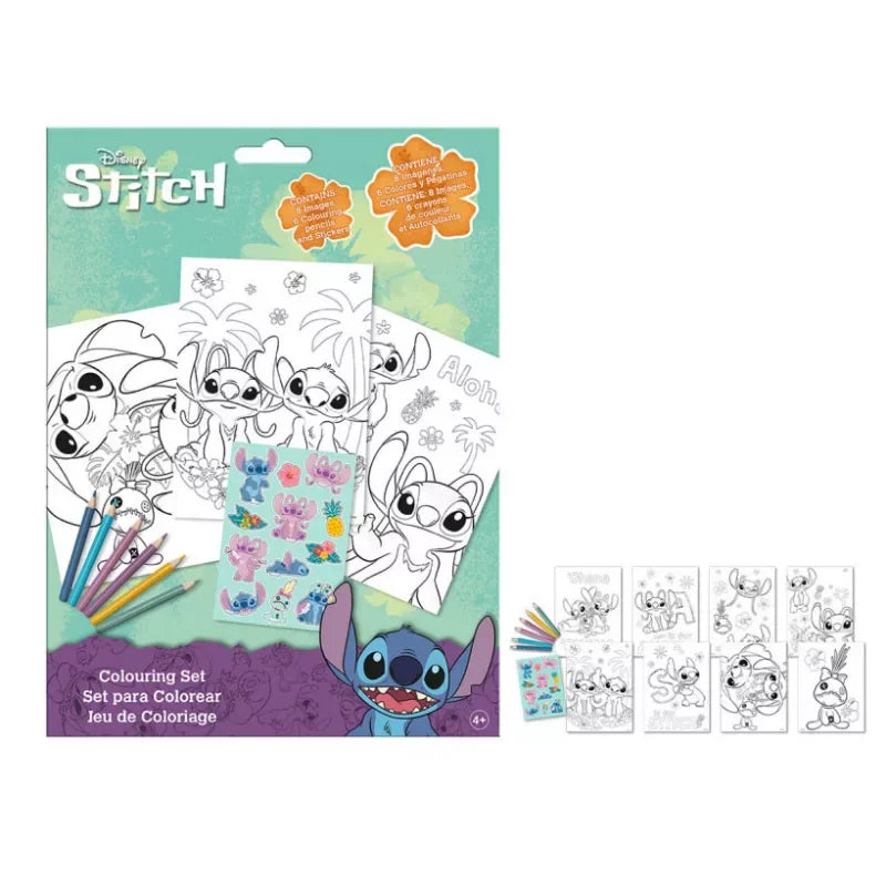 Conjunto escolar Stitch para colorir com canetas coloridas e autocolantes infantis.