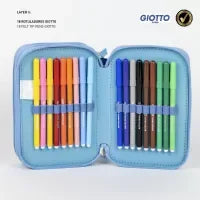 Estojo escolar azul Stitch com canetas coloridas, ideal para material infantil.