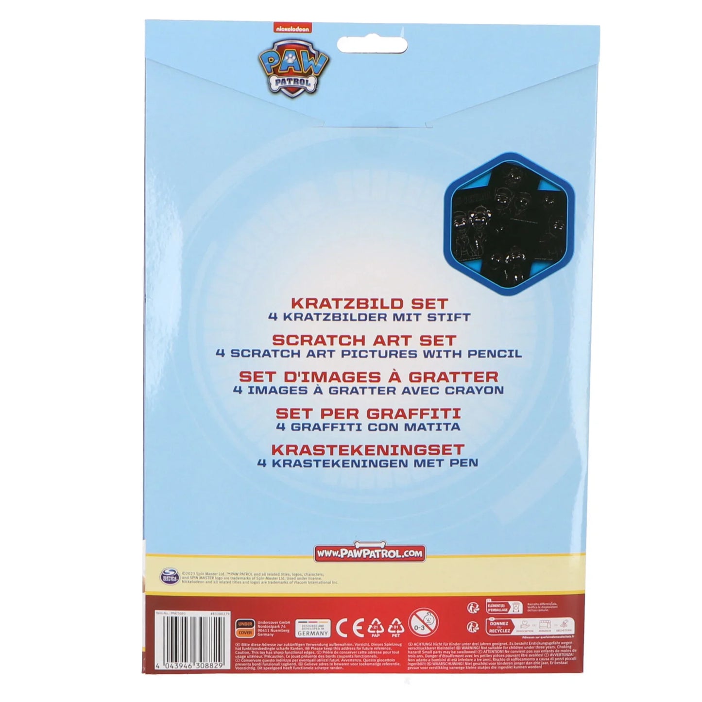 Conjunto de arte para raspar Patrulha Pata, com 4 cartões para crianças.
