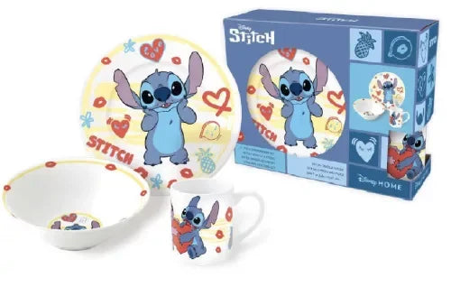 Conjunto infantil de refeição em cerâmica do Stitch com prato, tigela e caneca decorados.