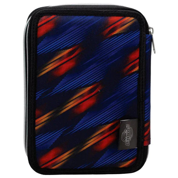 Estojo escolar duplo infantil com estampa azul, vermelha e laranja, zíper lateral