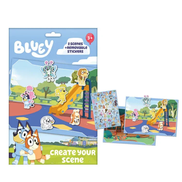 Conjunto criativo Bluey com autocolantes reutilizáveis e cenas de parque infantil.