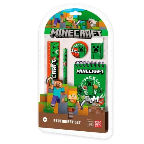 Conjunto de escrita infantil Minecraft com caderno, lápis, borracha, apontador e régua coloridos.