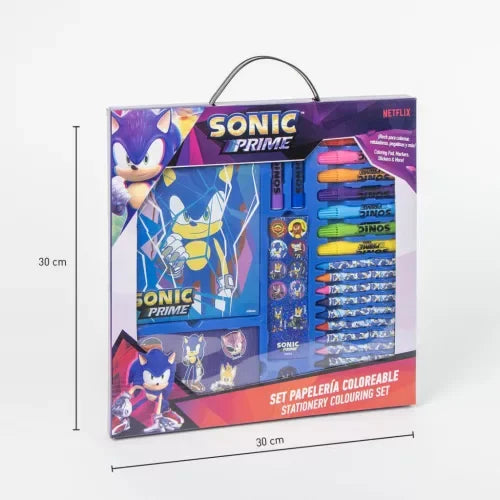 Conjunto de material escolar infantil do Sonic Prime com caderno, canetas e lápis coloridos.