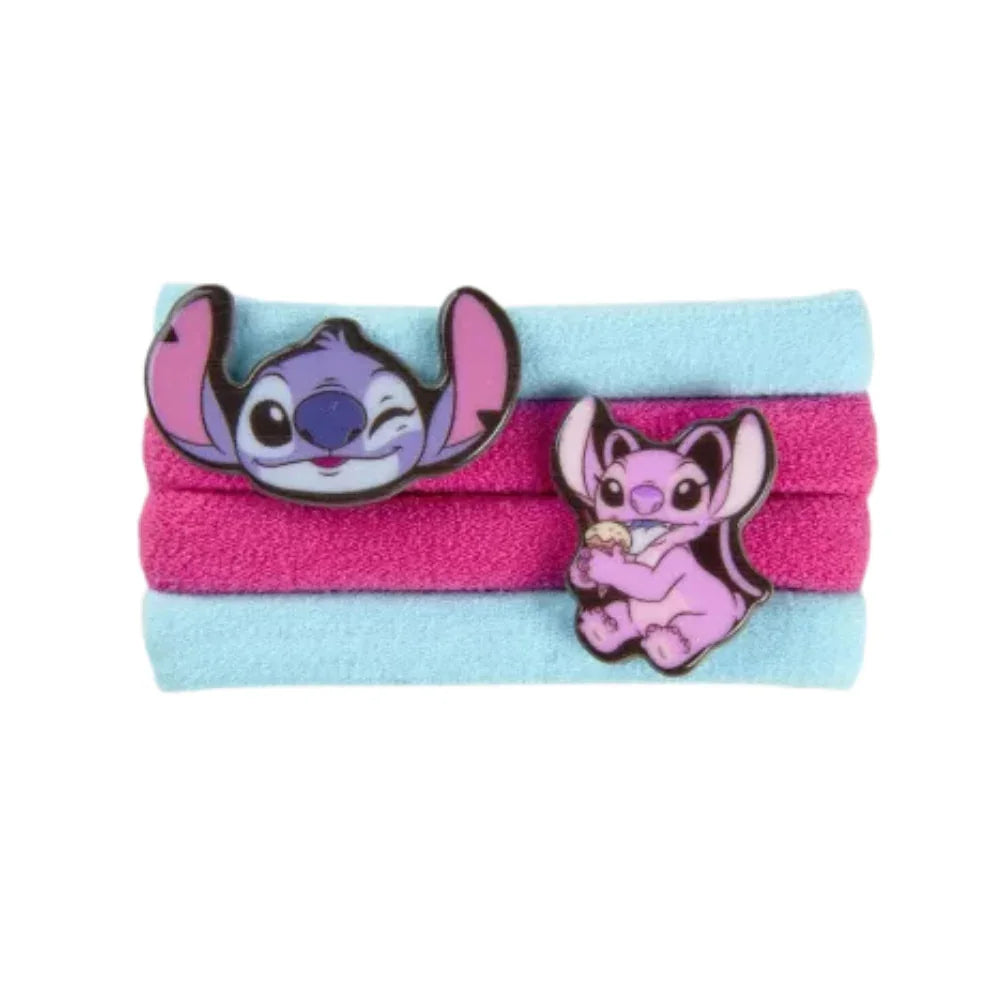 Elásticos de cabelo infantis azul e rosa com personagens de desenho animado emborrachados.