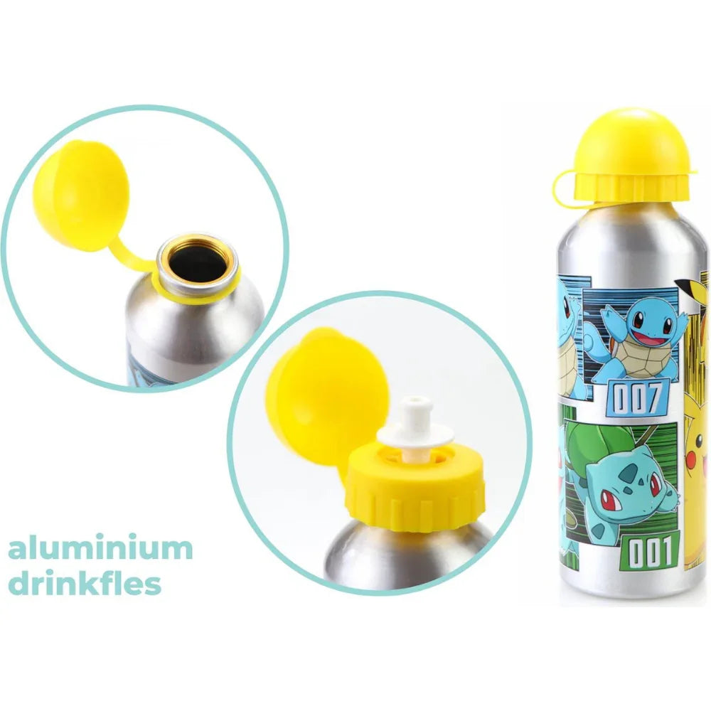 Garrafa de alumínio infantil com tampa amarela e personagens Pokémon, ideal para crianças.