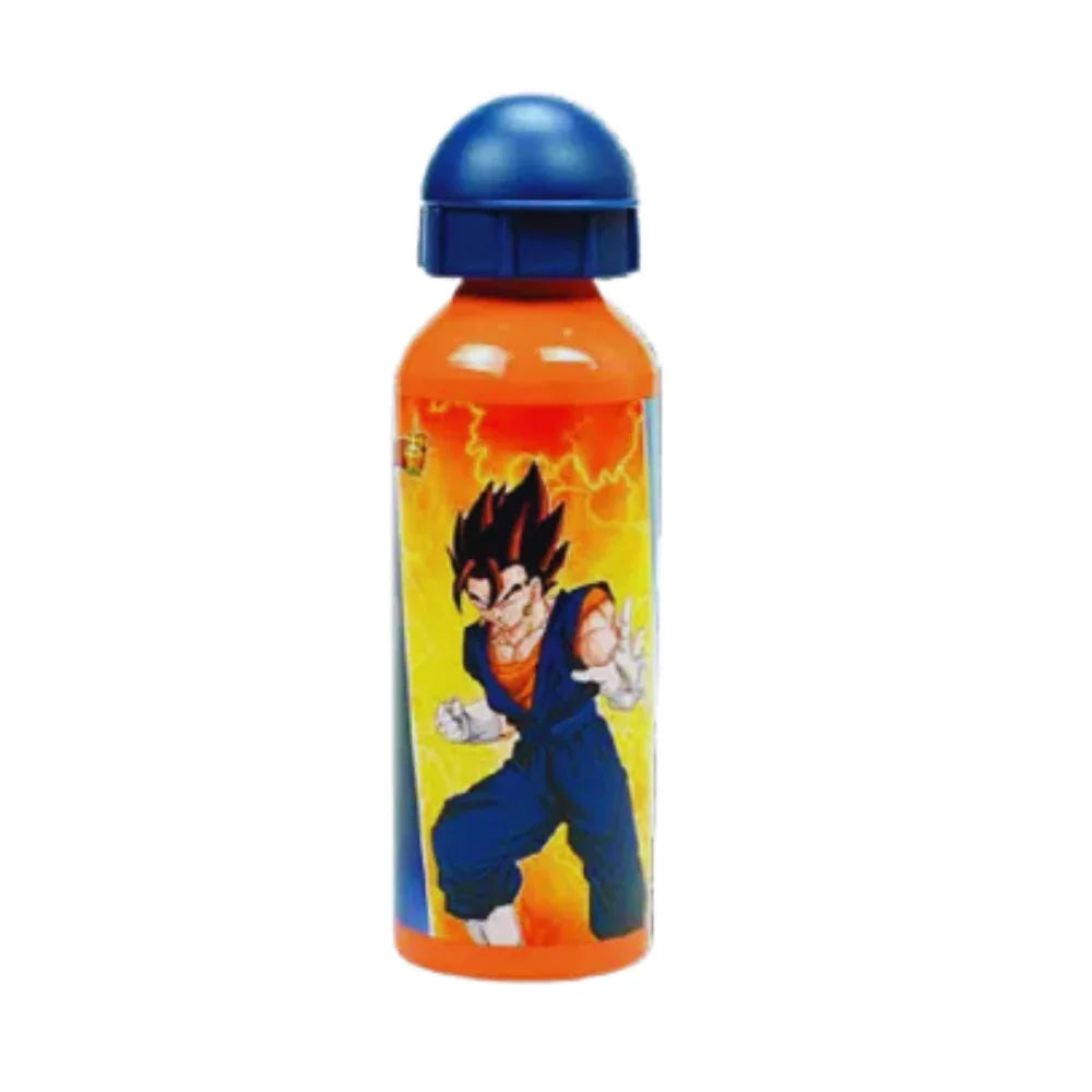 Garrafa infantil de alumĂnio laranja com personagem de anime e tampa azul para crianças