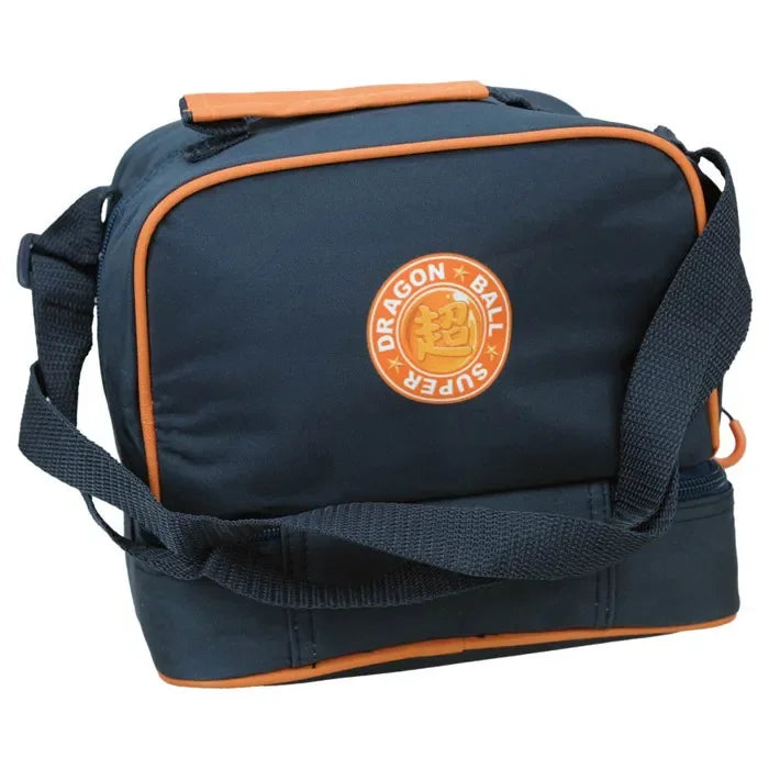Lancheira térmica infantil azul escura com logo Dragon Ball Super e detalhes laranja.