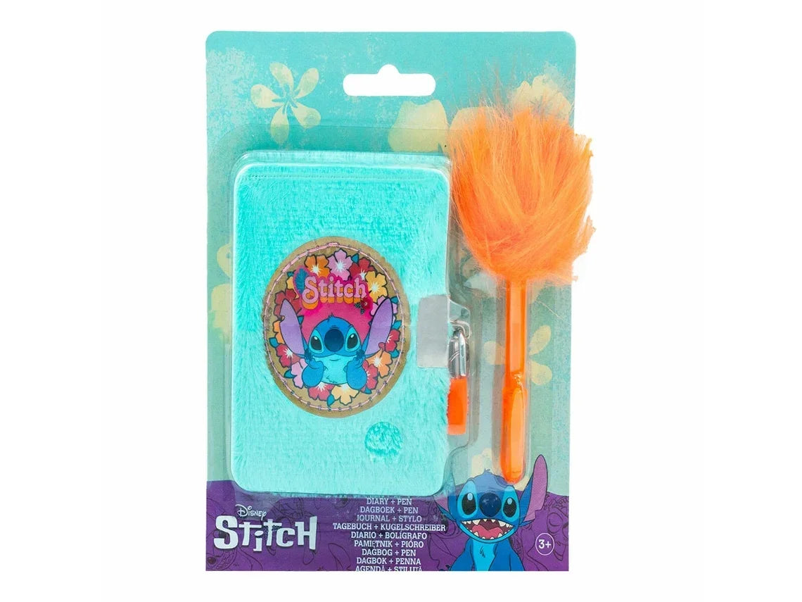 Mini diário infantil com capa azul do Stitch e caneta laranja com pompom fofo.