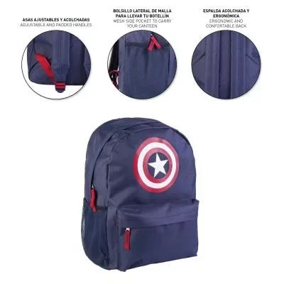Mochila infantil azul Avengers 41cm com símbolo do Capitão América e bolso frontal.
