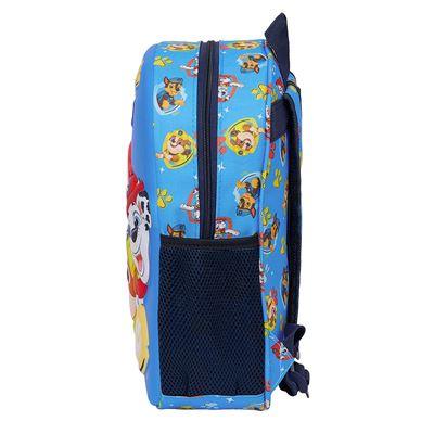 Mochila infantil azul 3D com personagens da Patrulha Canina e bolso lateral em tela