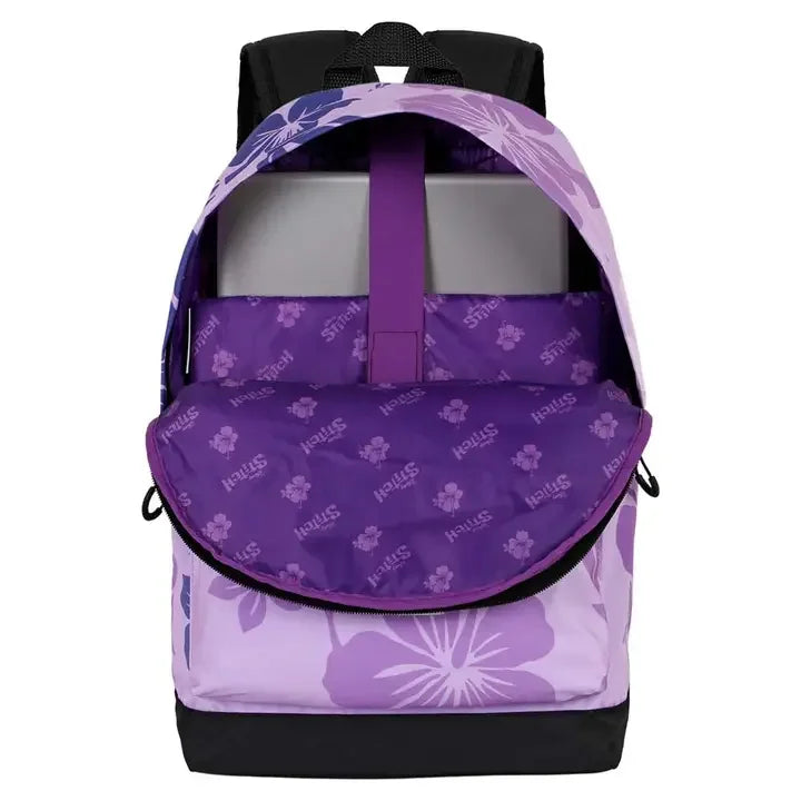 Mochila infantil lilás Stitch Angel 44cm com estampa floral, compartimento grande aberto, adequada para escola.