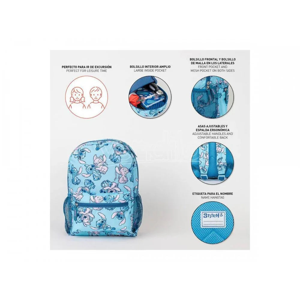 Mochila infantil azul 33cm com estampa de Stitch, bolsos frontais e laterais em rede, alças ajustáveis.