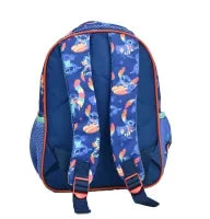 Mochila infantil azul com estampa de personagem, alças ajustáveis e detalhes laranja.