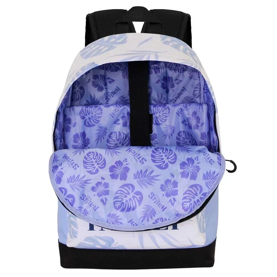 Mochila infantil Stitch azul com estampa floral roxa e compartimento espaçoso aberto