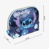 Necessaire infantil roxa com personagem Stitch, detalhes florais e dimensões visíveis