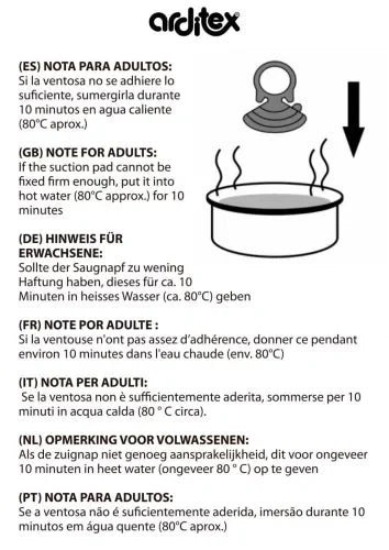 Instrução multilíngue com ilustração para fixar ventosa mergulhando-a em água quente por 10 minutos.