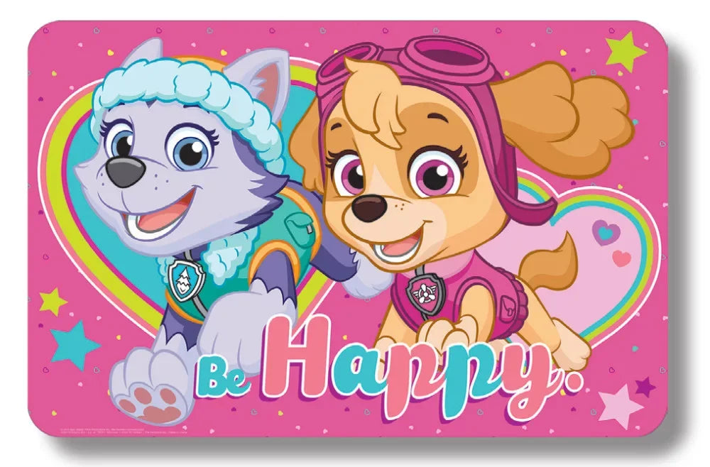 Tapete infantil rosa com personagens caninos da Patrulha Pata, corações e frase Be Happy.