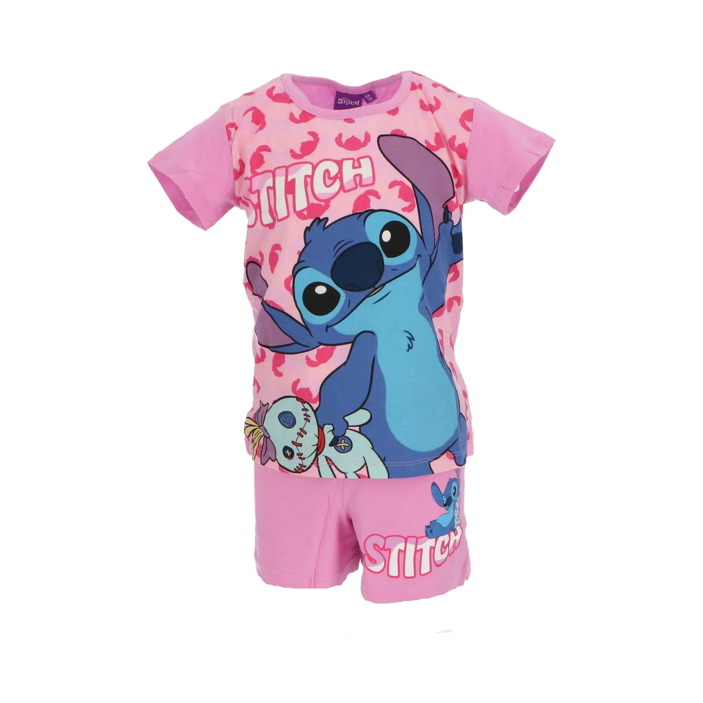 Pijama infantil rosa com estampa do Stitch, camisa de manga curta e shorts combinando.
