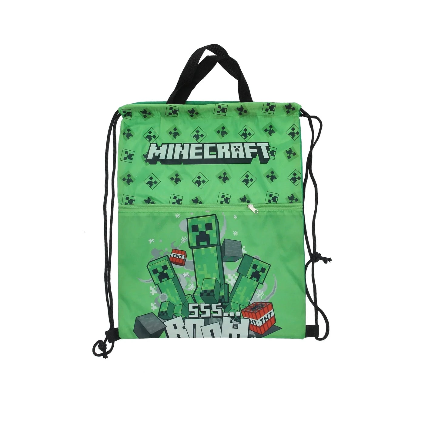 Saco de ginástica infantil verde com estampa dos Creepers de Minecraft