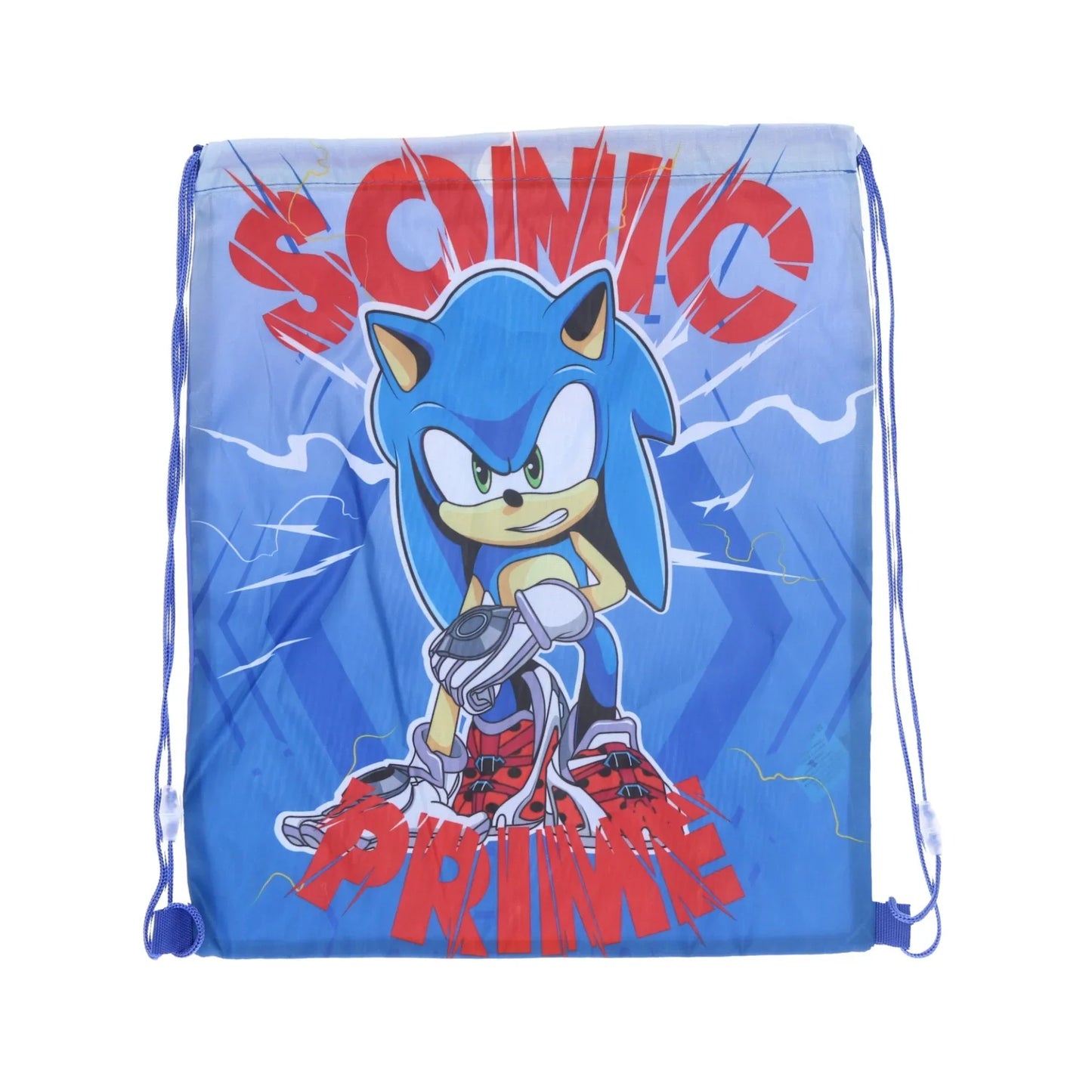 Saco de ginástica infantil azul com estampa do Sonic Prime e cordões laterais