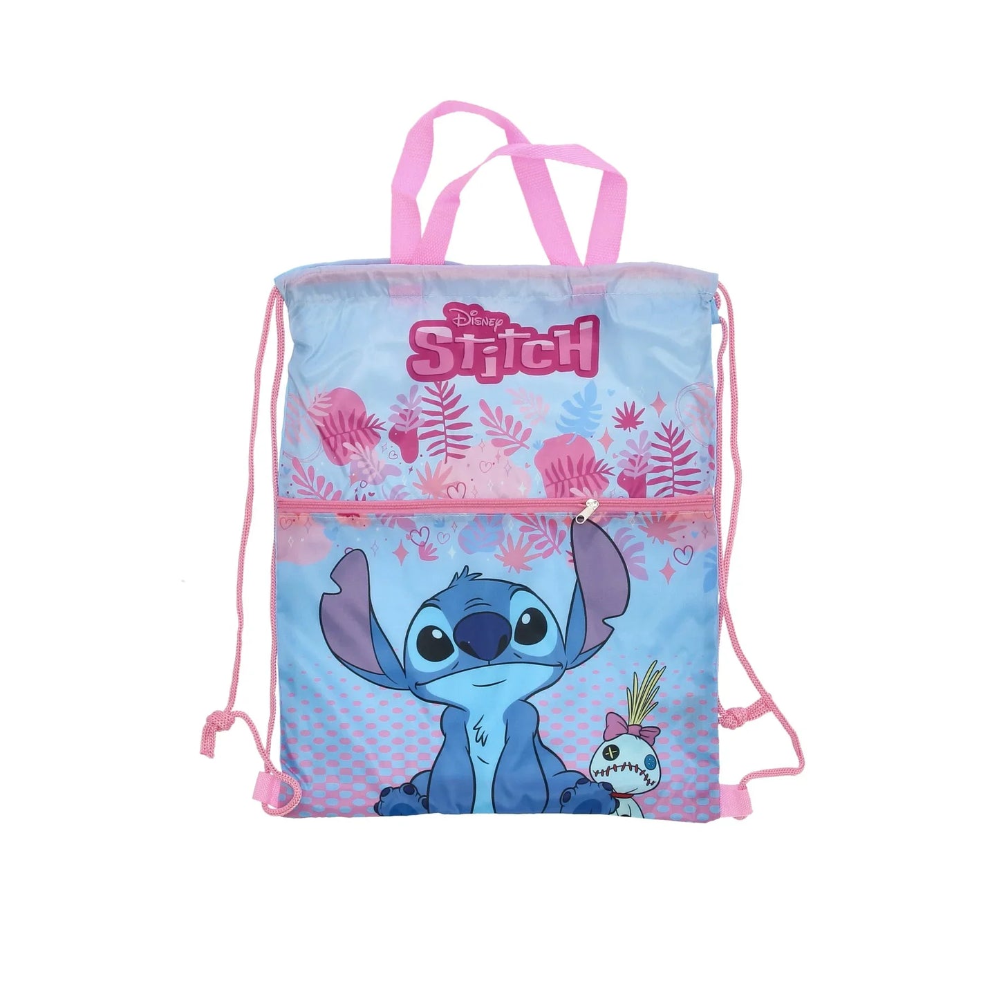 Saco de ginástica infantil azul e rosa com desenho do Stitch e alças rosa, tema Disney.