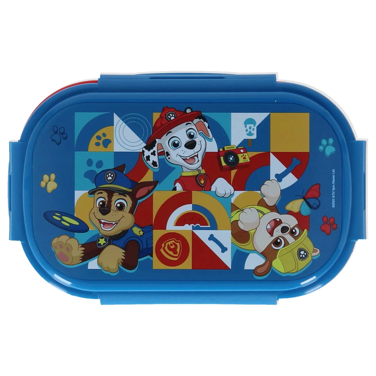 Sanduicheira infantil azul com personagens da Patrulha Canina, ideal para crianças.