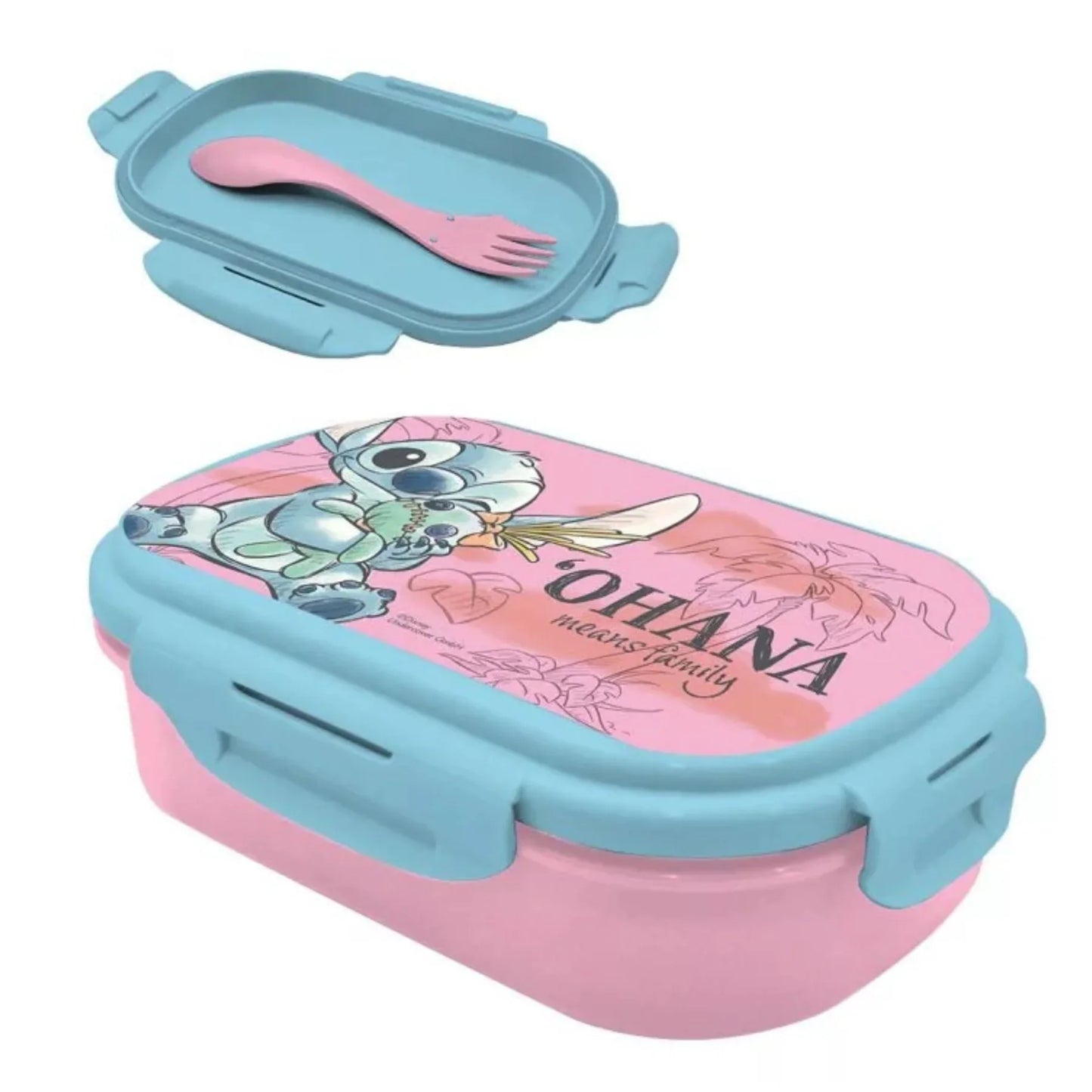 Sanduicheira infantil rosa e azul do Stitch com talher, estampa 'Ohana means family' na tampa.
