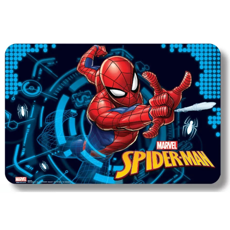 Homem-Aranha lançando teia em fundo digital azul, destaque para personagem infantil Marvel.