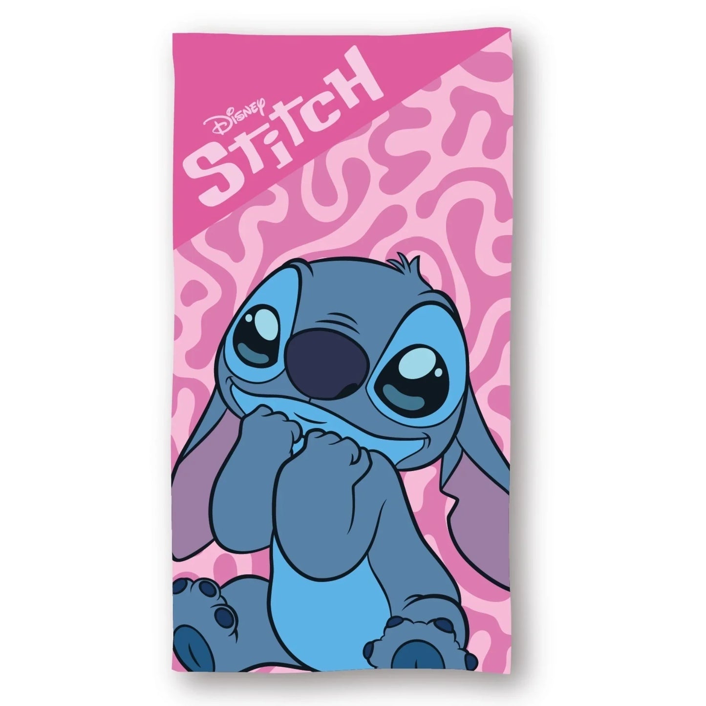 Toalha infantil rosa com estampa do Stitch da Disney, fundo abstrato, produto para crianças.