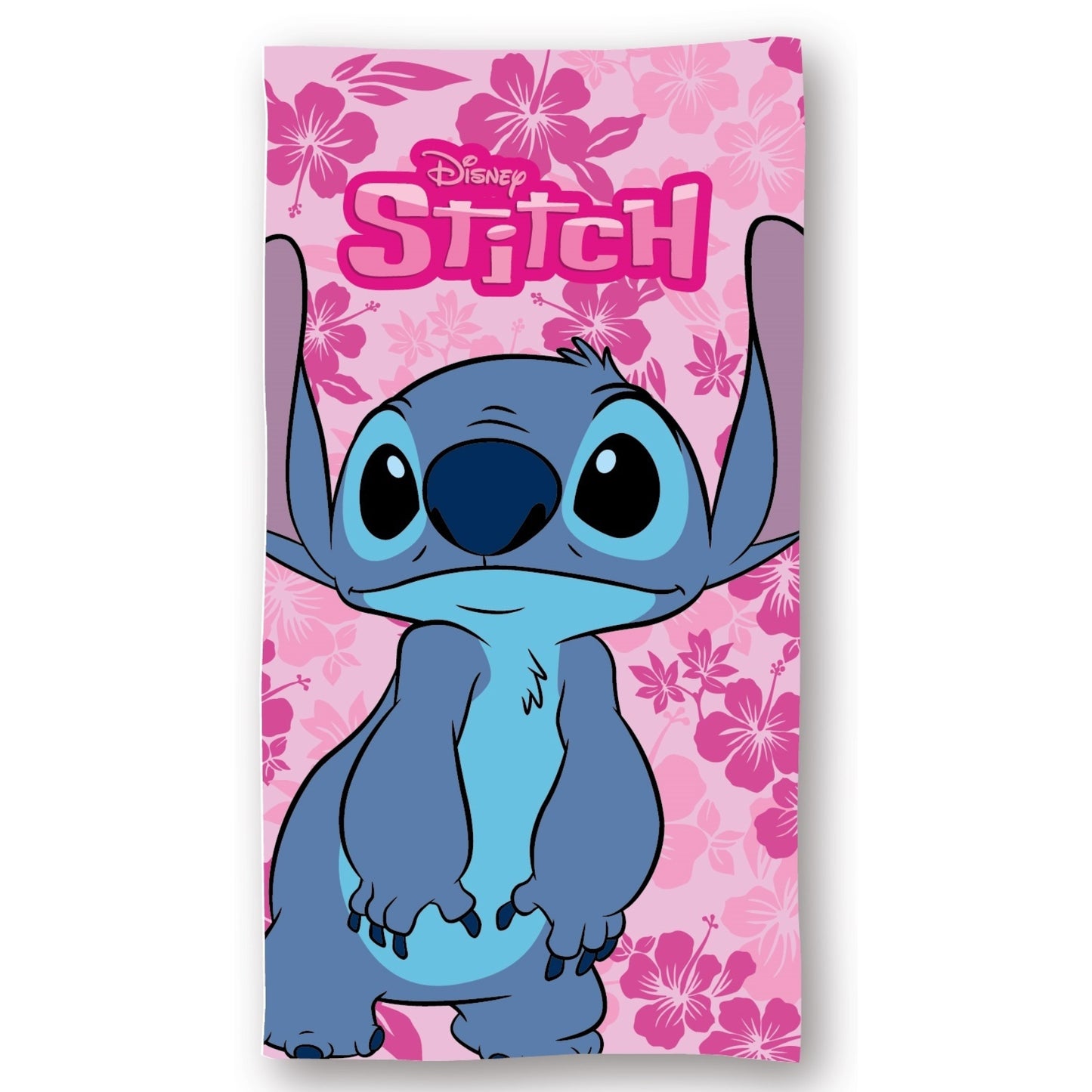 Toalha infantil rosa com o personagem Stitch e estampa de flores hibisco